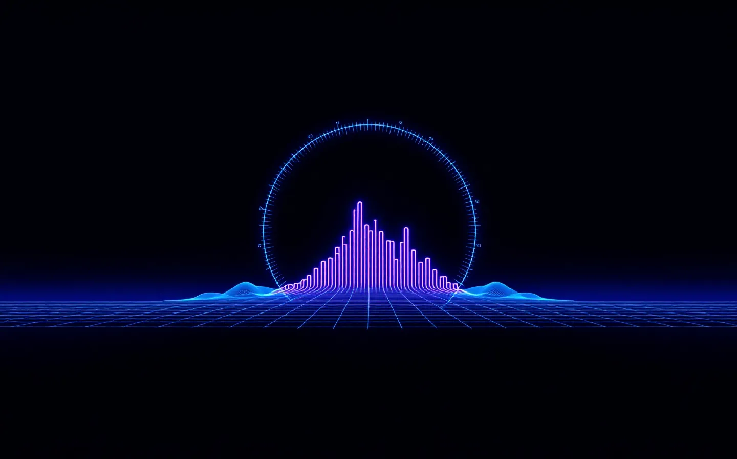 Abstract indigo score-ring gauge over a glowing delta slow-wave on a blue-black background